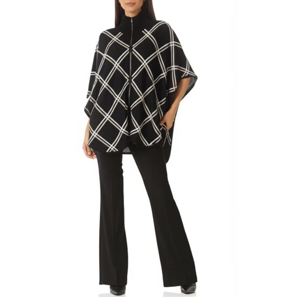 Jones New York Women's Black Tan‎ White Mock Neck Zip Poncho L/XL